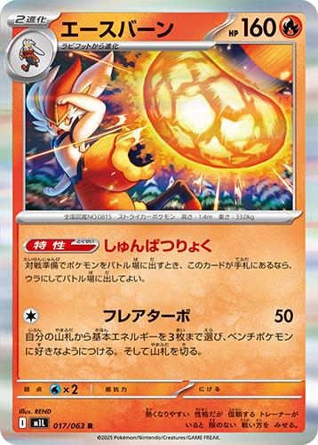 Pokémon trading card M1L Mega Brave: Cinderace 017/063 with character and energy ball on orange background